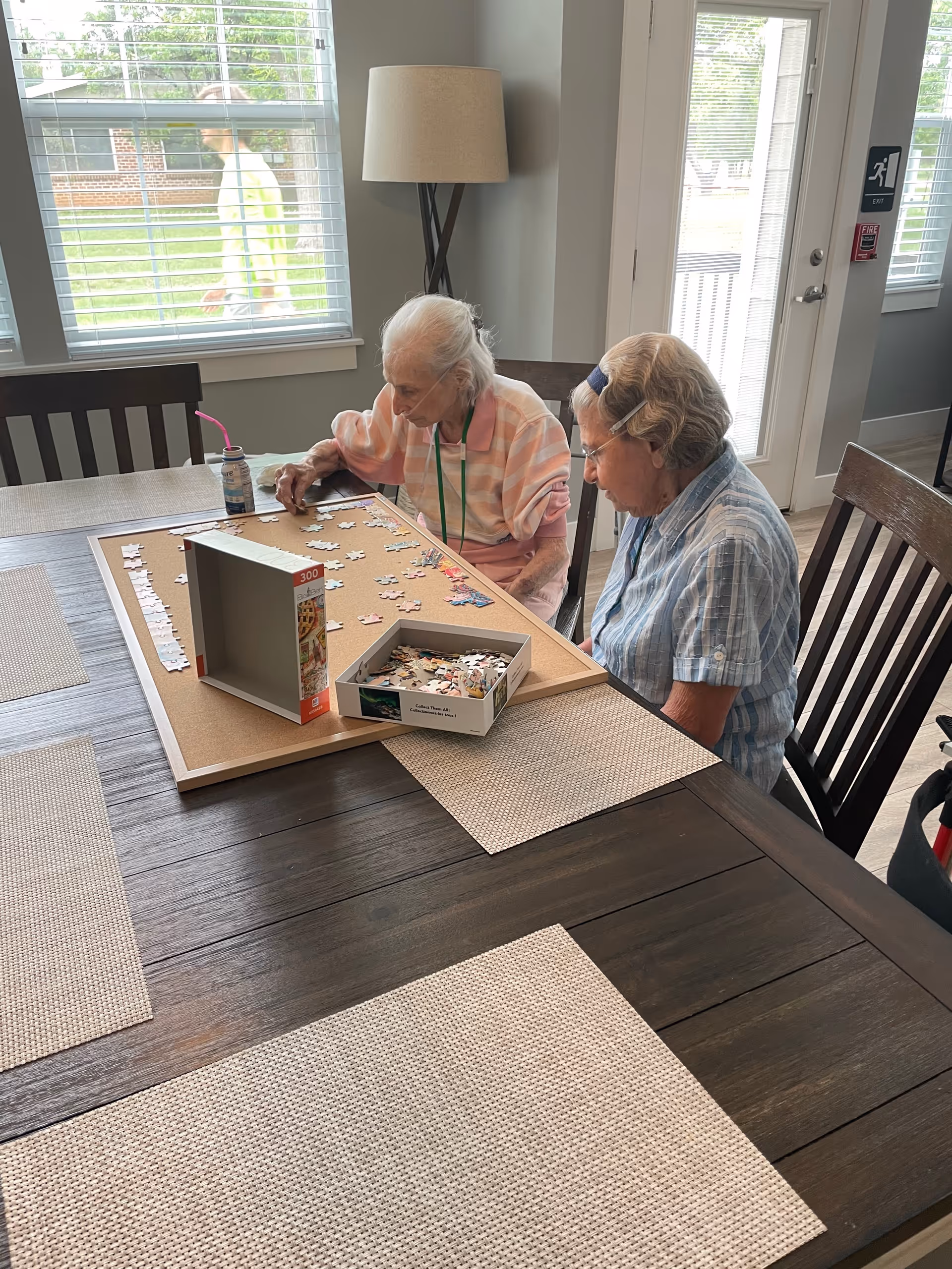 Two elderly women sitting at a table working on a jigsaw puzzle in a bright common room.