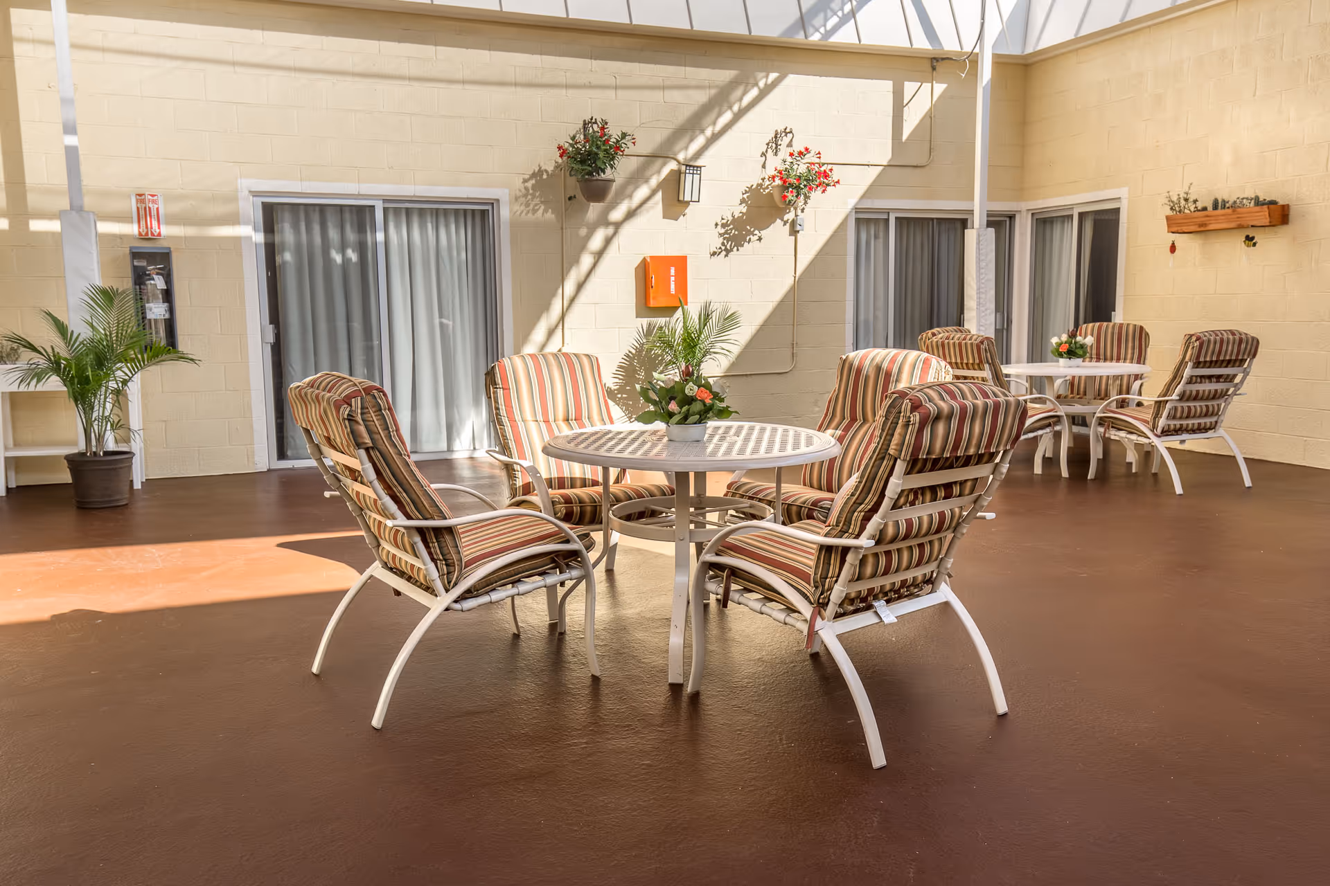 Indoor seating area with two round tables, each surrounded by four cushioned chairs with striped upholstery. The space has a brown floor, beige walls, sliding glass doors with curtains, potted plants, and hanging flower pots. Sunlight streams in from above, casting shadows on the walls and floor.