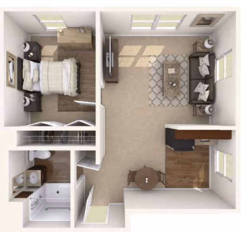 Top-down view of a one-bedroom apartment floor plan featuring a bedroom with a bed and two nightstands, a bathroom with a shower, toilet, and sink, a living room with a sofa, coffee table, TV, and two lamps, and a kitchen area with a dining table and chairs.