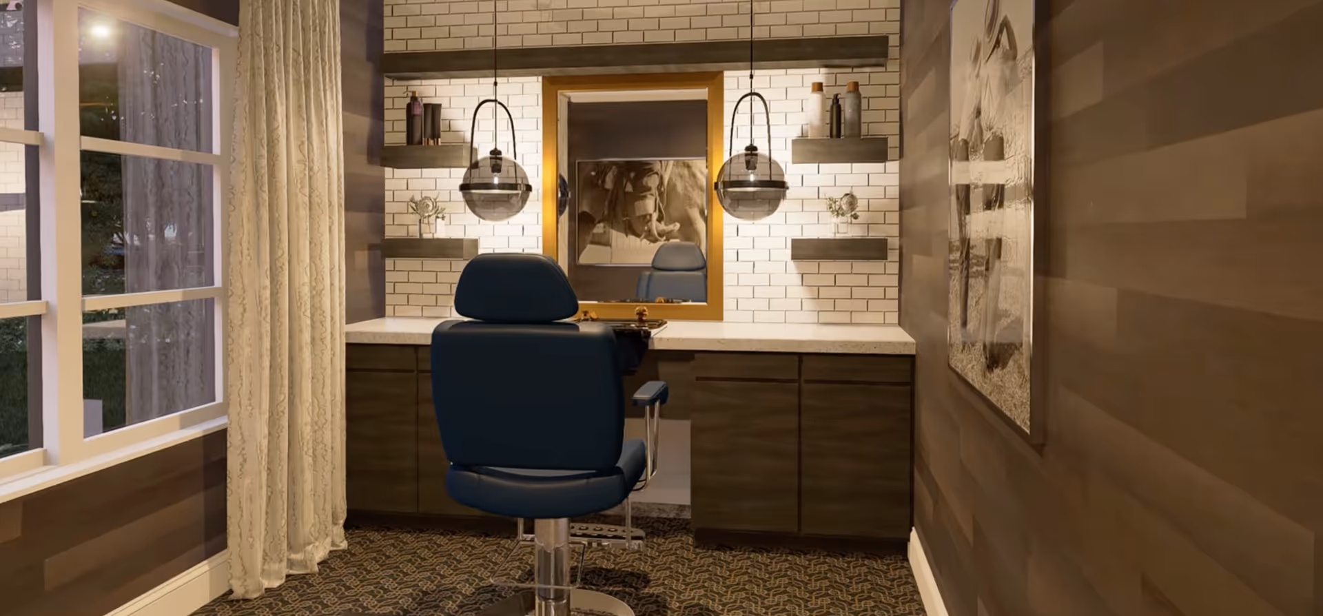 Interior styling station with a salon chair facing a mirror, pendant lights, shelving and cabinets next to a window with curtains.