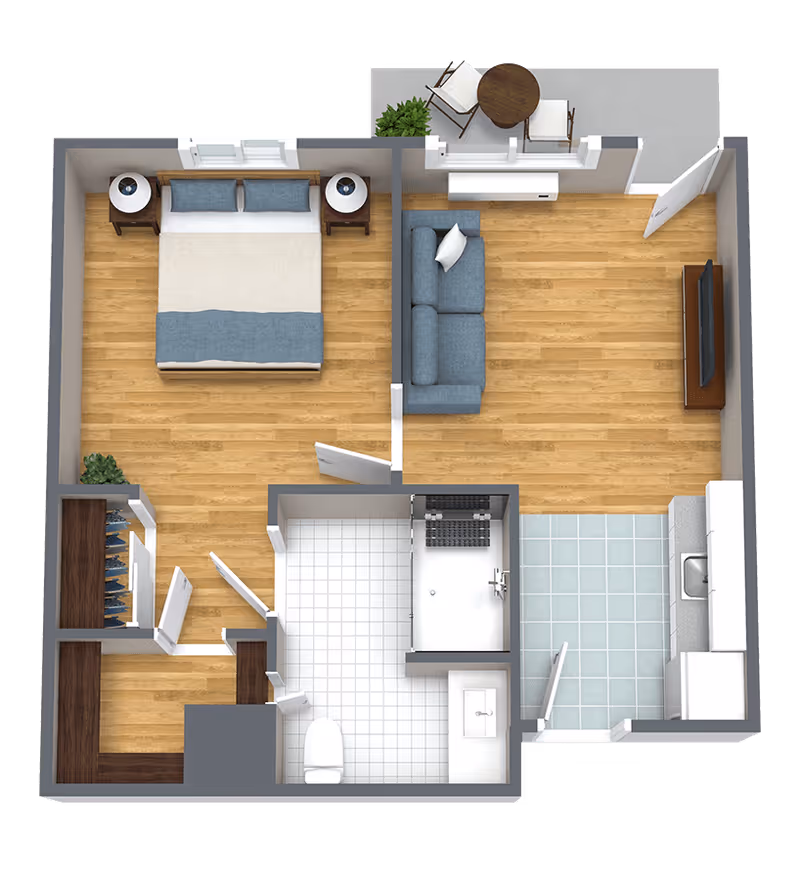 3D floor plan of a one-bedroom apartment at South Hill Village showing a bedroom with a bed and two nightstands, a living room with a sofa and TV, a kitchen with cabinets and a sink, a bathroom with a toilet, sink, and shower, and a small outdoor patio with a table and two chairs.
