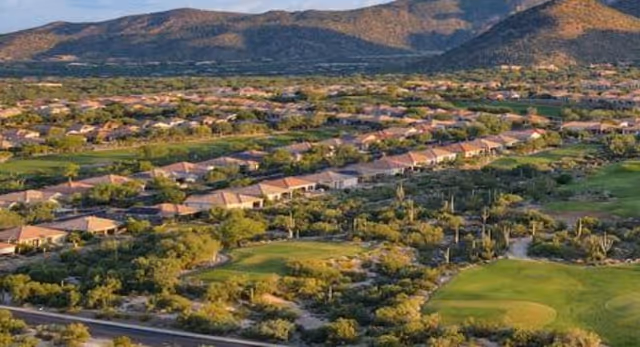 Aerial view of a residential neighborhood and golf course surrounded by desert vegetation with mountains in the background.