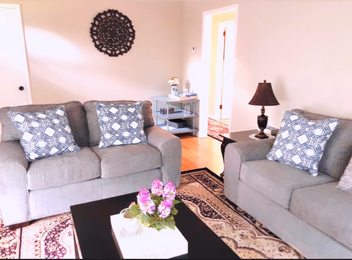 A cozy living room with two gray sofas adorned with patterned blue and white pillows. A black coffee table with a white tray holding a potted plant with purple flowers is centered on a patterned area rug. A dark wooden side table with a lamp is next to one sofa, and a small shelving unit with decorative items is against the wall. The walls are light-colored, and a decorative round wall hanging is above one sofa.