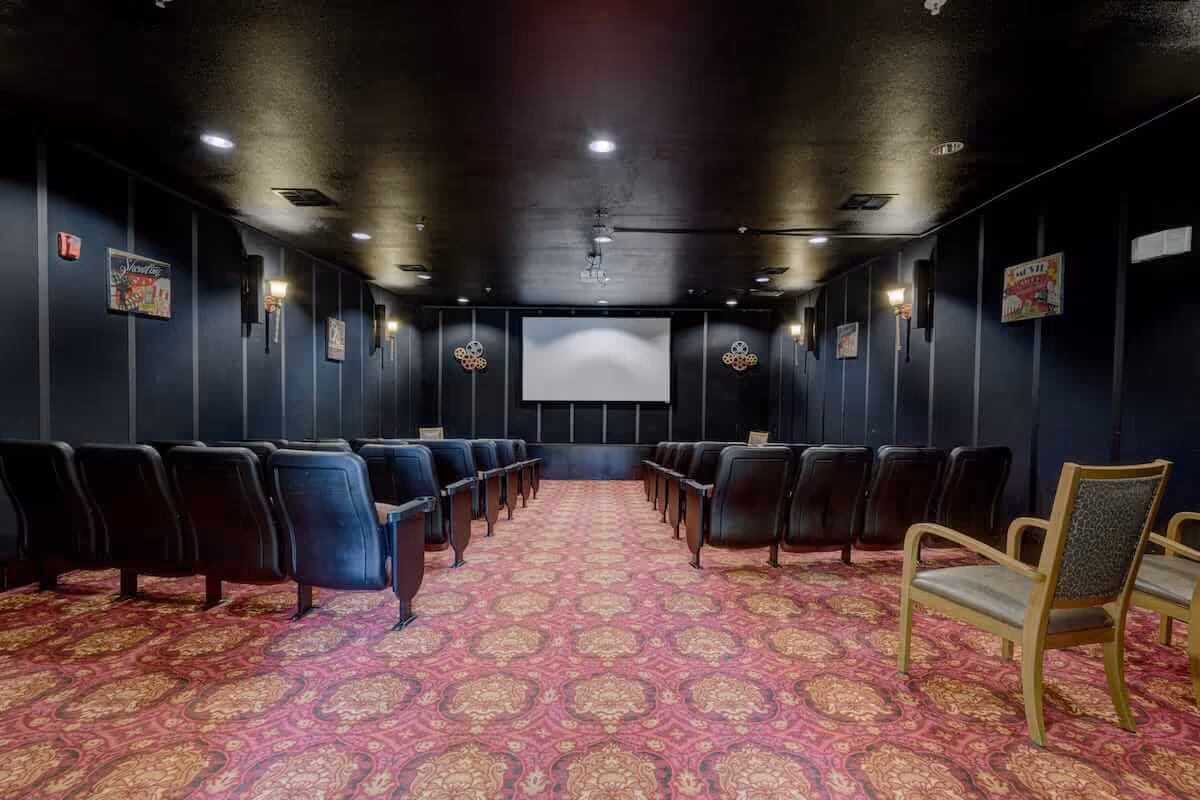 Carpeted screening room with rows of theater-style seats facing a projection screen and patterned carpeting.