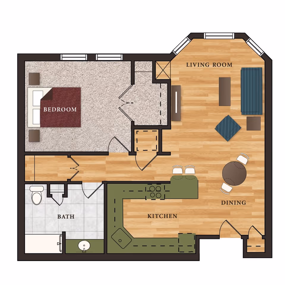 Floor plan of a senior living apartment at Carnegie Village Senior Living Community showing a bedroom with a bed and two nightstands, a bathroom with a toilet, sink, and bathtub, a kitchen with a stove, sink, and counter seating for two, a dining area with a round table and four chairs, and a living room with a sofa, coffee table, side table, and an armchair.