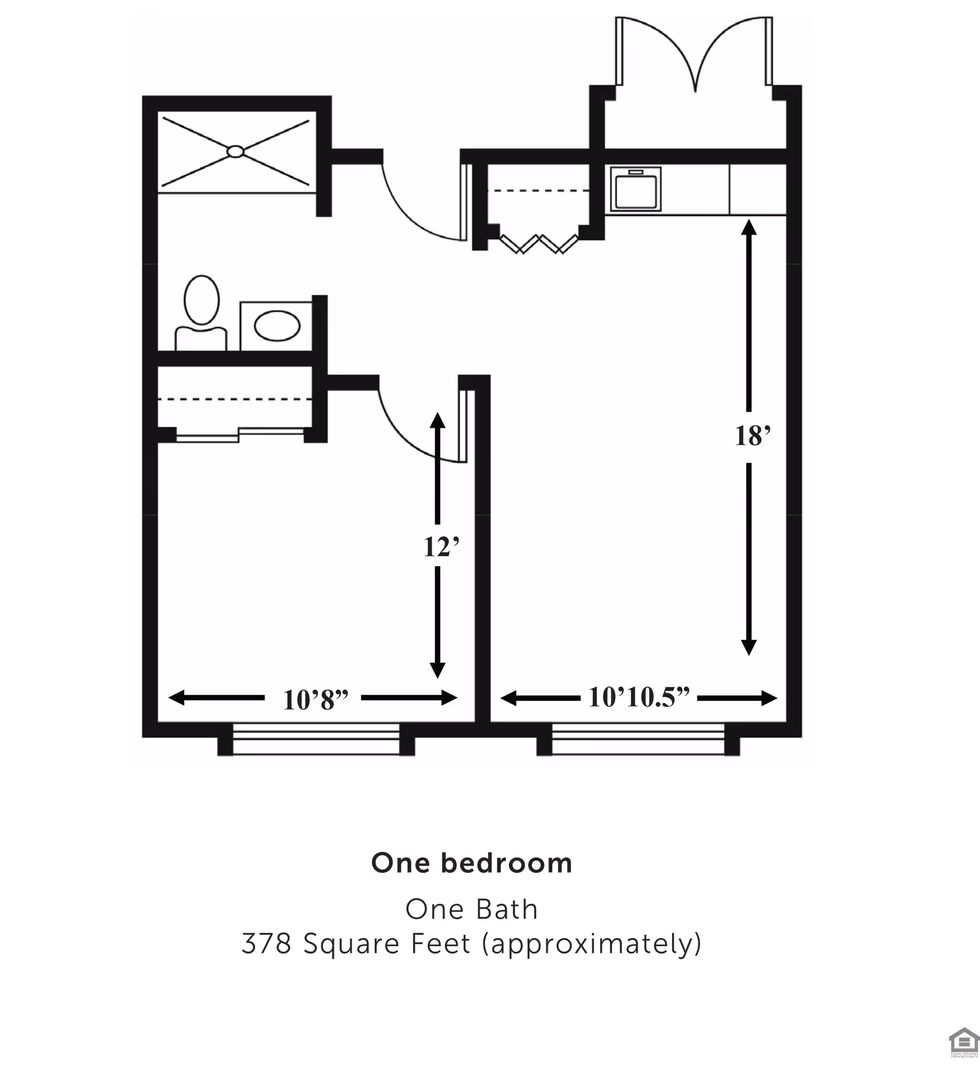 Black-and-white floor plan of a one-bedroom, one-bath apartment showing room layout and dimensions.