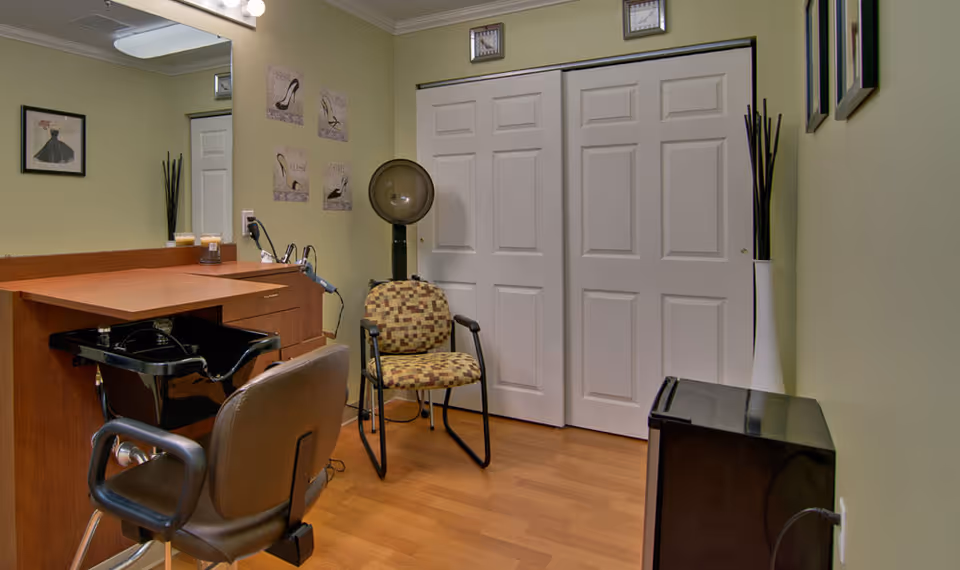 Interior view of a small salon or beauty room with a hair washing station, salon chair, patterned guest chair, a hair dryer, and decorative wall art. The room has light green walls, wooden flooring, and white double closet doors.