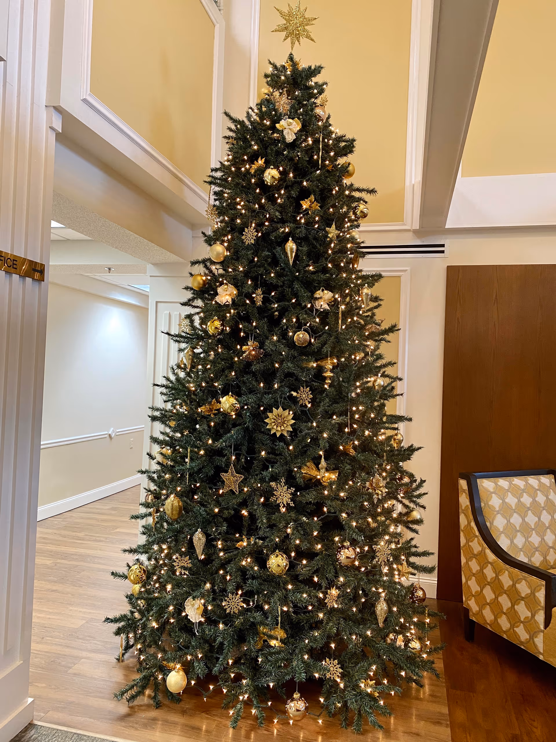 Tall decorated Christmas tree with gold ornaments and lights in a facility lobby next to an upholstered chair.