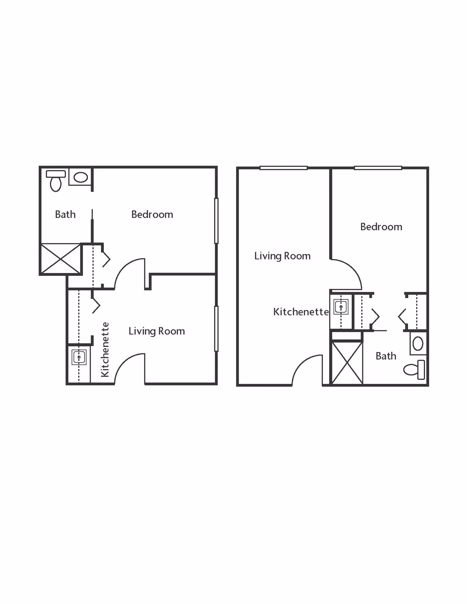 Architectural floor plan showing two apartment layouts, each with a bedroom, living room, kitchenette, and bathroom.