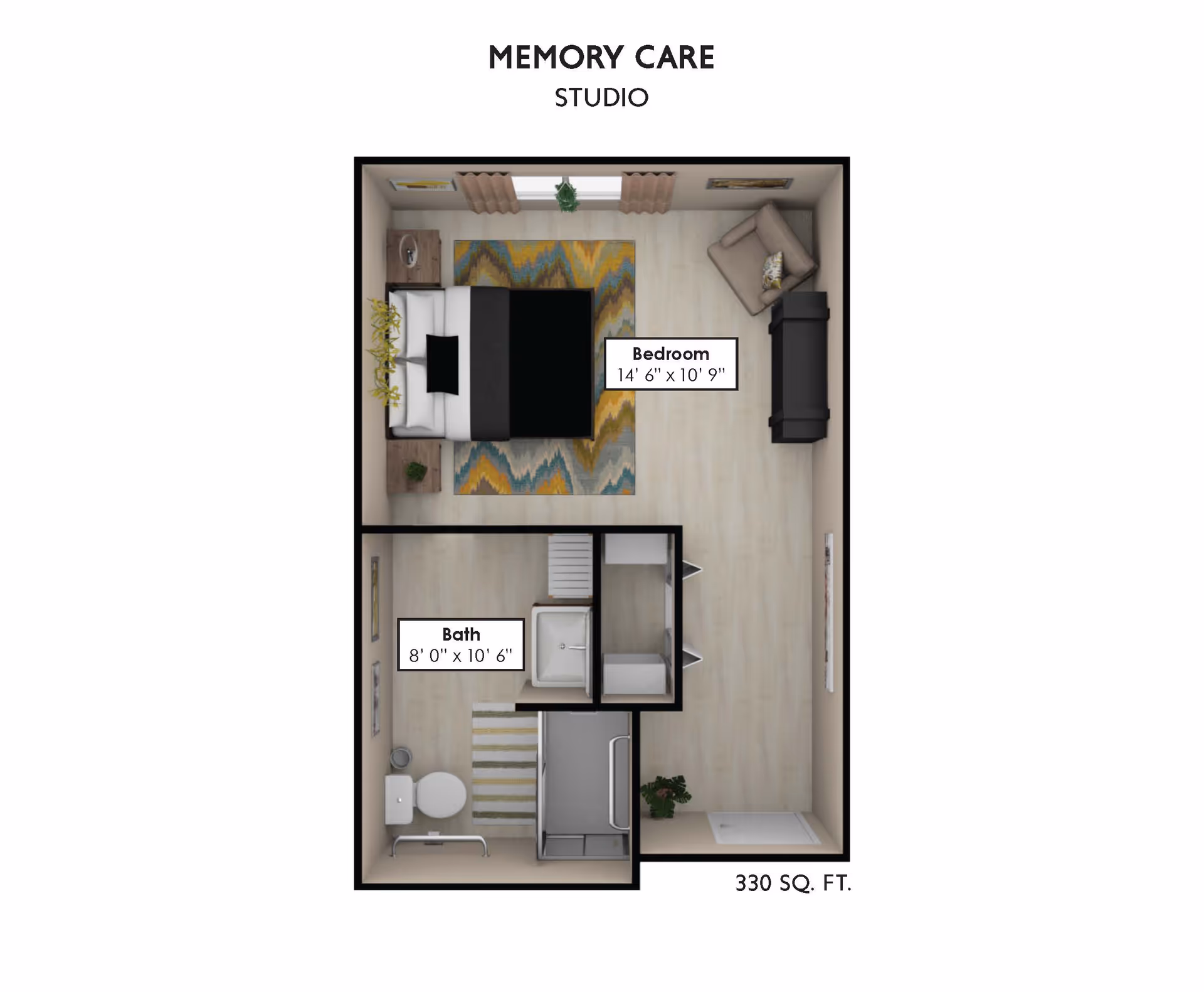 Floor plan of a memory care studio apartment at Quincy Place Senior Living, showing a bedroom area measuring 14 feet 6 inches by 10 feet 9 inches with a bed, nightstands, a chair, and a dresser. The plan also includes a bathroom measuring 8 feet by 10 feet 6 inches with a toilet, sink, and shower. The total area is 330 square feet.