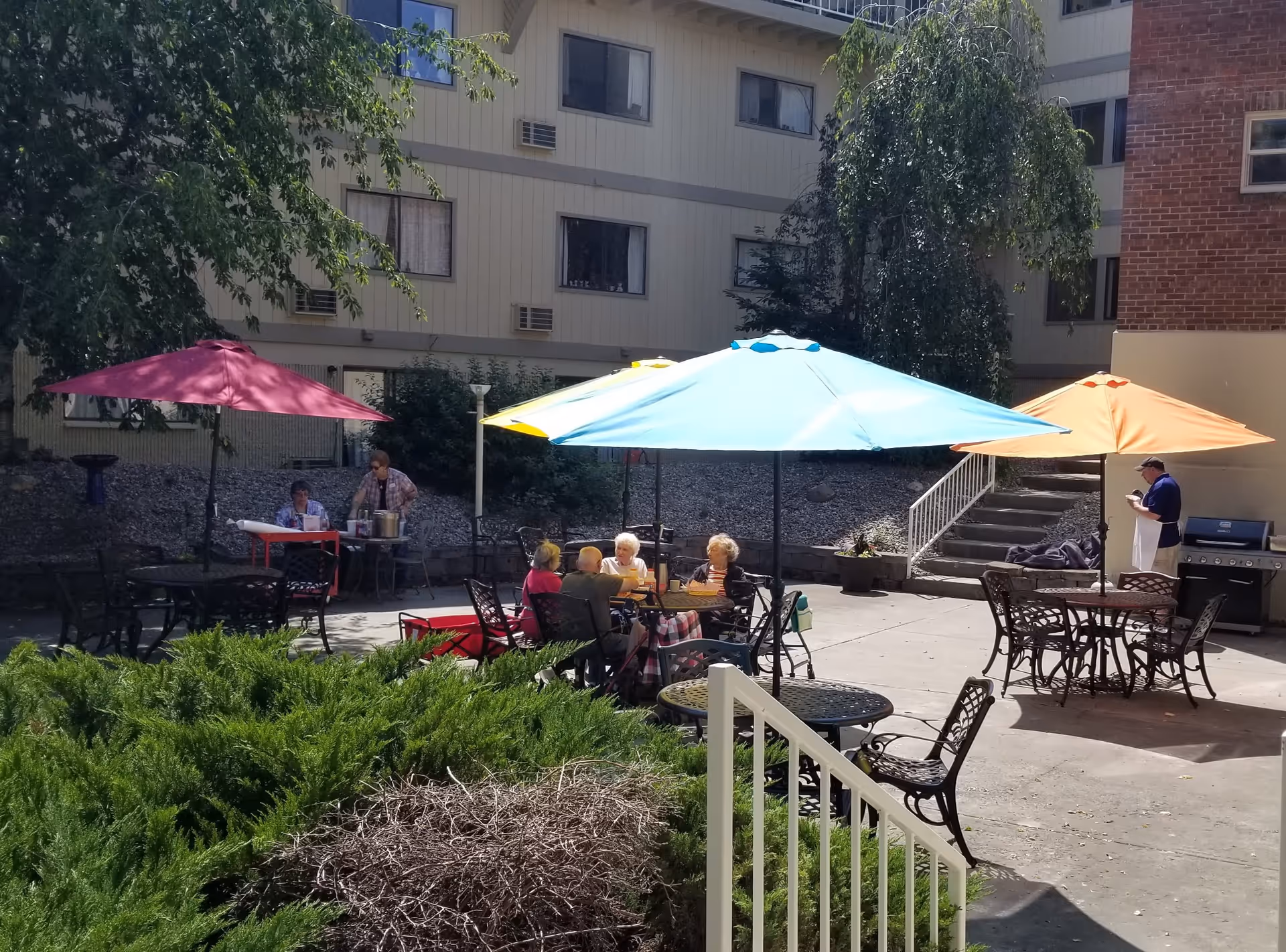 Outdoor patio area at Maplewood Gardens with several elderly people sitting at tables under colorful umbrellas. There are green bushes in the foreground, a building in the background, and a man standing near a grill on the right side.