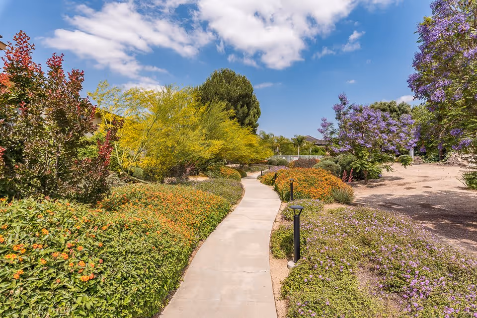 A winding concrete pathway through a garden with various colorful flowering bushes and trees under a partly cloudy blue sky.