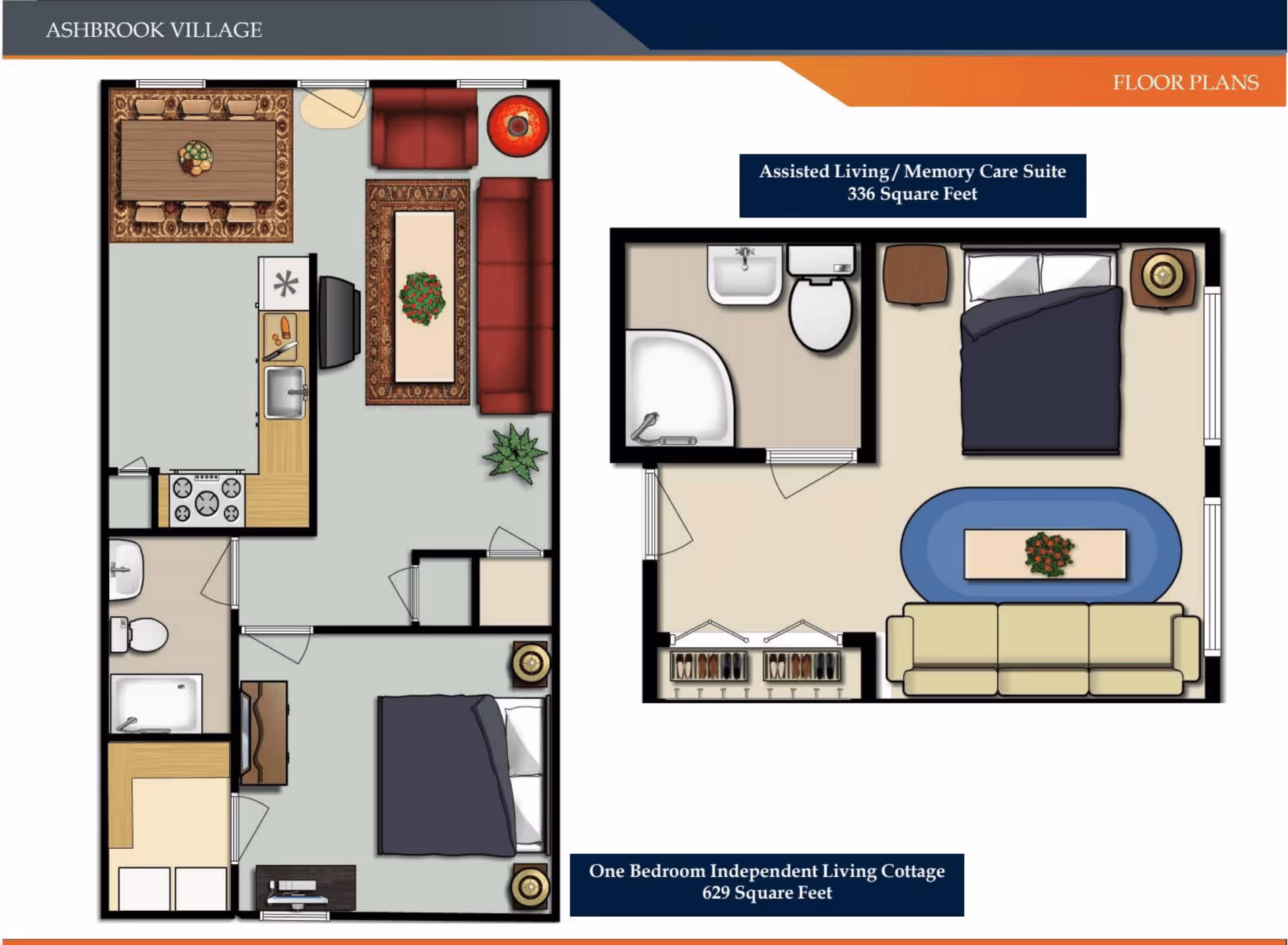 Floor plans for Ashbrook Village showing two layouts: Assisted Living/Memory Care Suite with 336 square feet featuring a bedroom, bathroom, and living area; and One Bedroom Independent Living Cottage with 629 square feet including a bedroom, bathroom, kitchen, dining area, and living room.