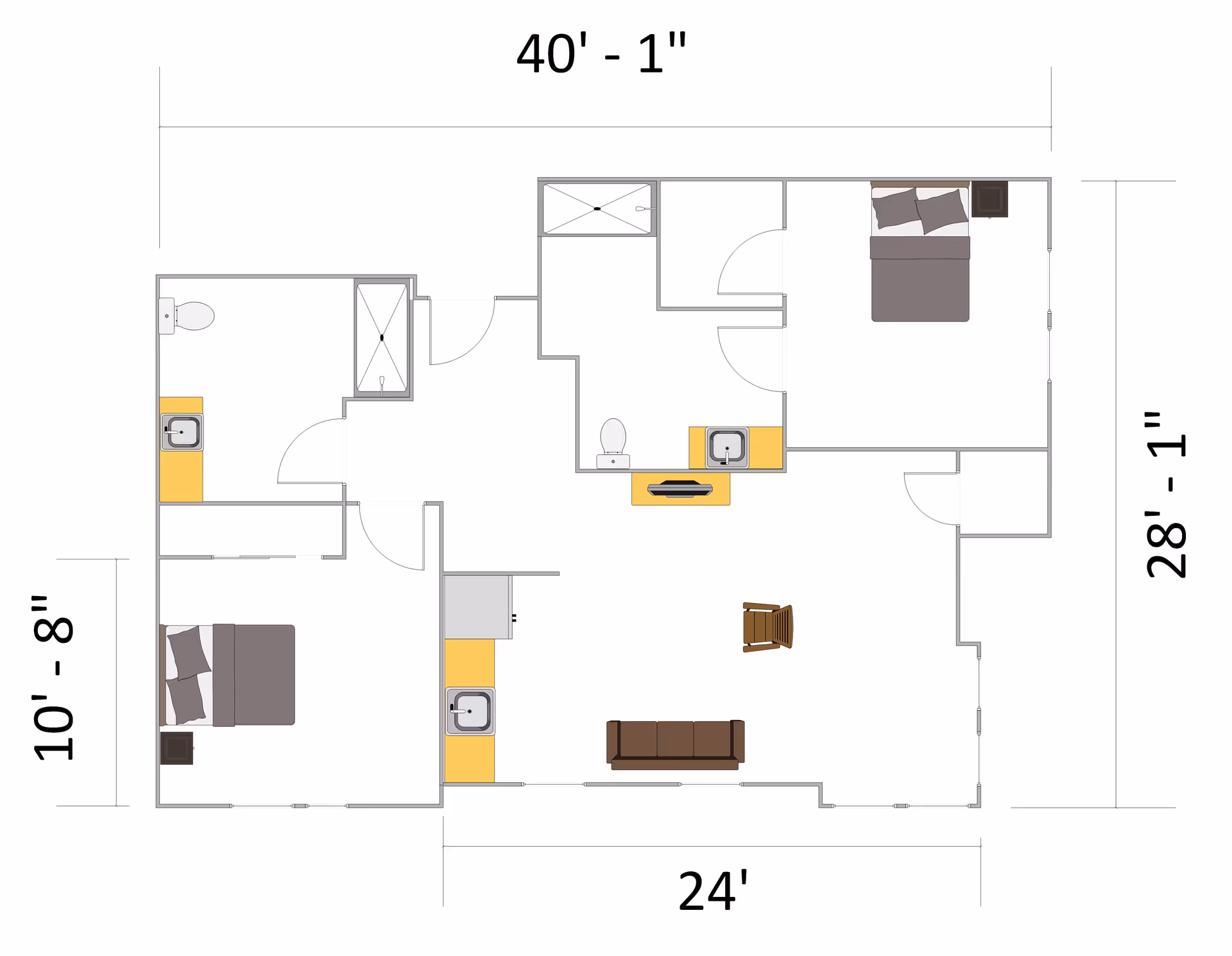 Architectural floor plan of a residential unit at The Phoenix at Hammond showing two bedrooms, two bathrooms, a kitchen area, and a living room with furniture layout and dimensions.