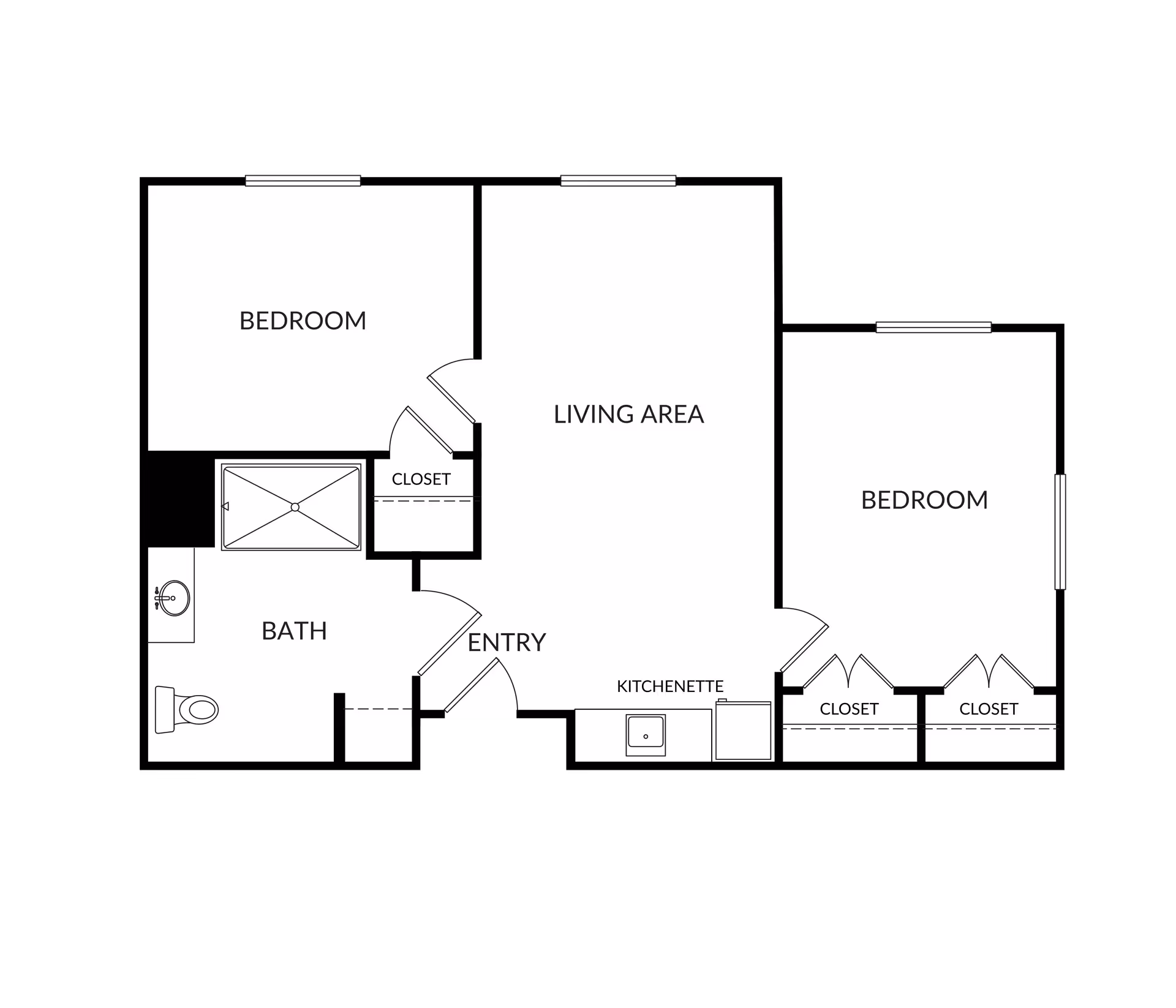 Floor plan layout of a living space at Bayshire Yorba Linda showing two bedrooms, a living area, a bath, an entry, and a kitchenette. The first bedroom has one closet, and the second bedroom has two closets. The bath includes a toilet, sink, and shower.