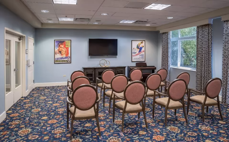 A small meeting or activity room with two rows of pink cushioned chairs facing a flat-screen TV mounted on a light blue wall. Below the TV is a dark wooden cabinet with decorative rings on top. Two framed vintage movie posters hang on either side of the TV. The room has a patterned carpet and large windows with patterned curtains letting in natural light.