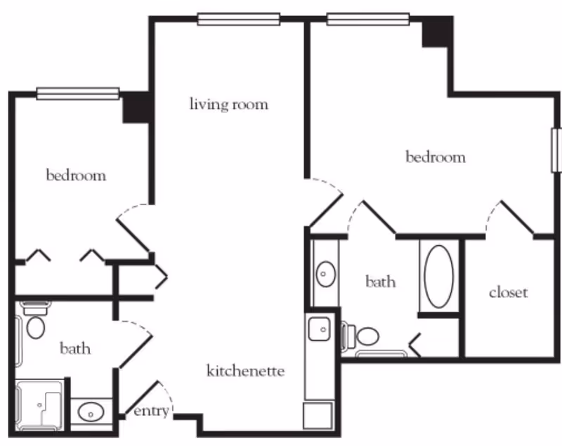 Floor plan of a living space at Atria Bay Spring Village showing two bedrooms, two bathrooms, a living room, a kitchenette, an entry, and a closet.