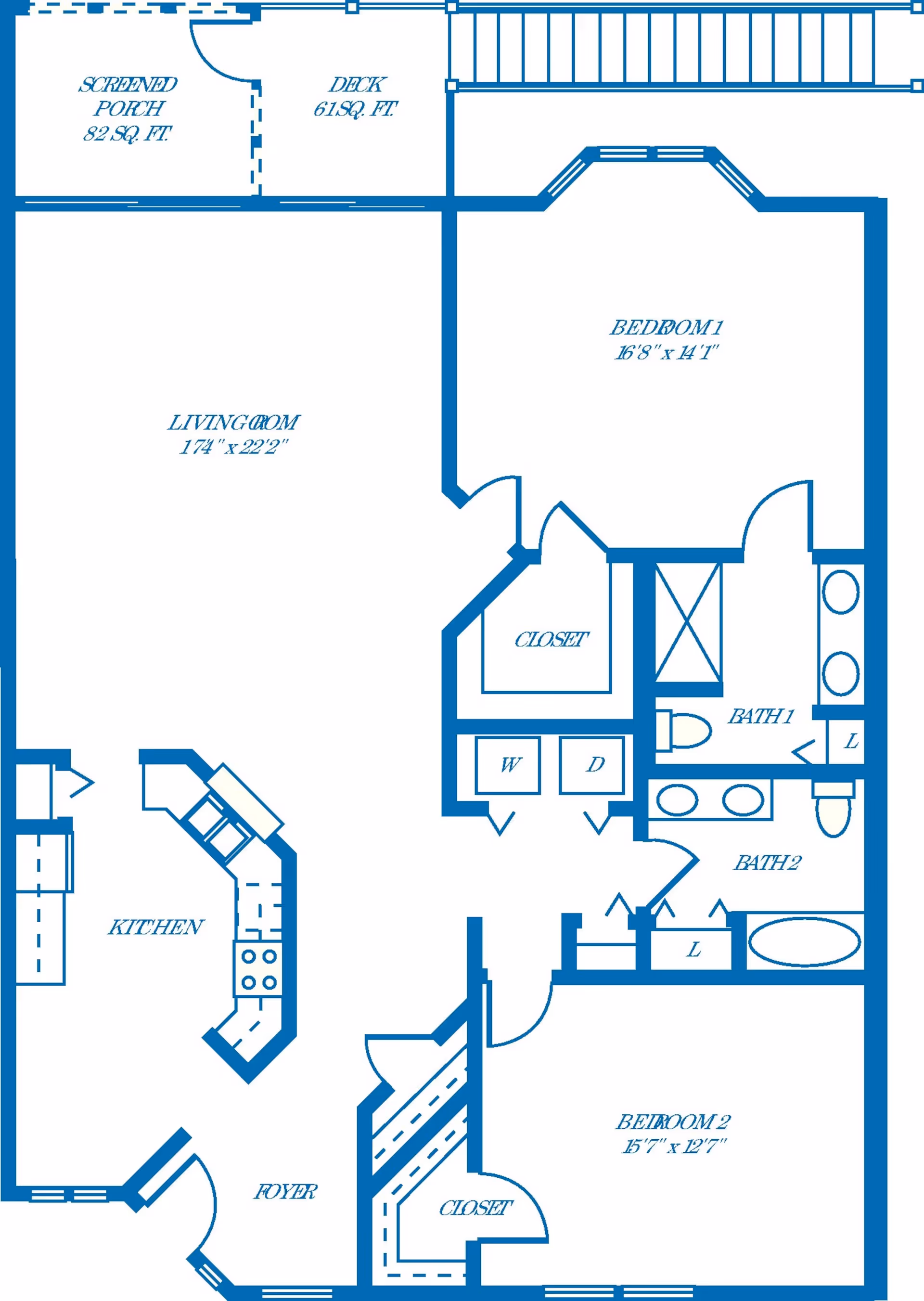 Architectural floor plan of a residential unit at TidePointe, a Vi Community, showing two bedrooms, two bathrooms, a kitchen, living room, foyer, closets, screened porch, and deck with dimensions labeled.