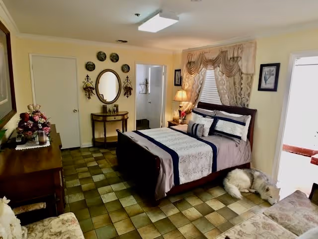 Cozy bedroom with a made bed, nightstand and dresser, decorative wall mirror and a dog lying on the tiled floor.