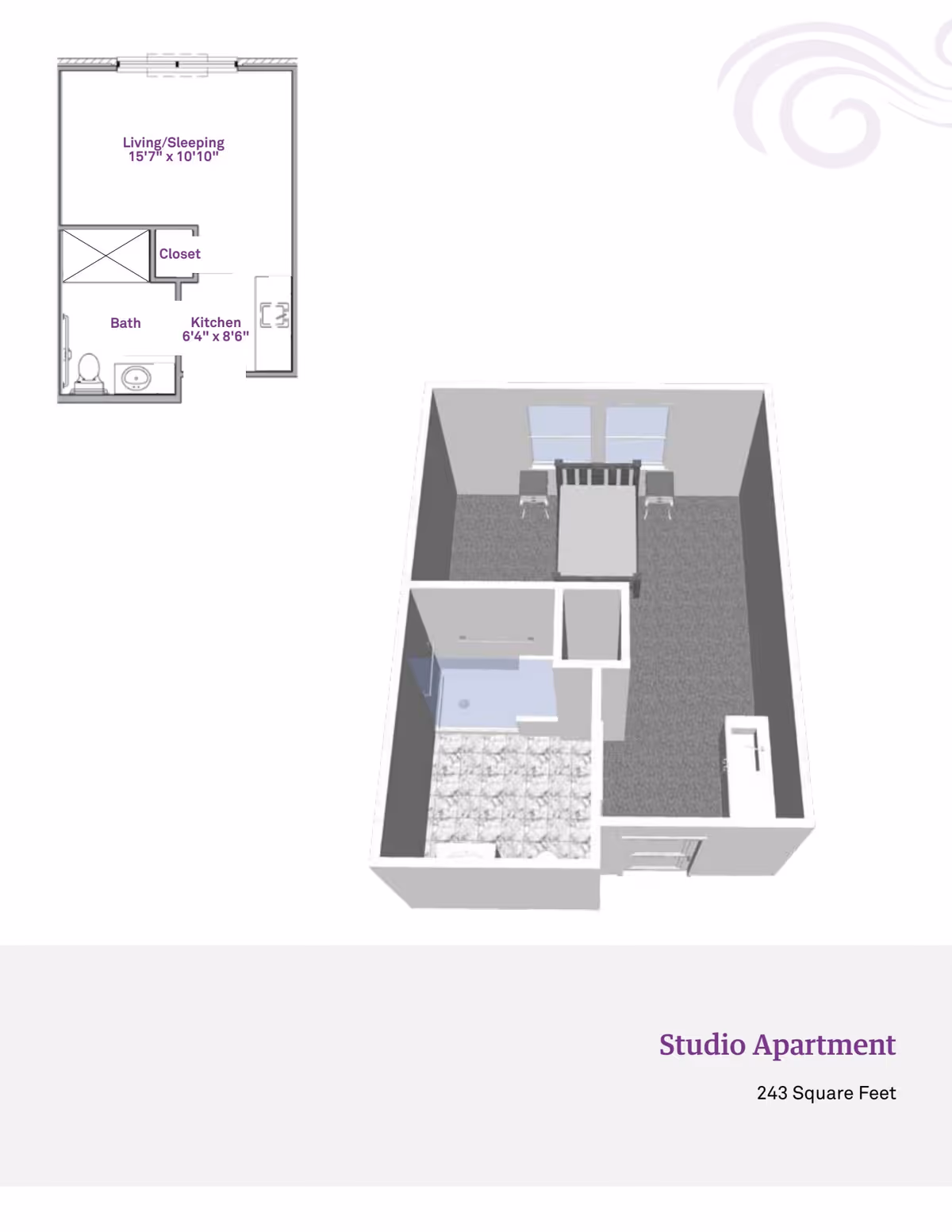 Floor plan and 3D layout of a studio apartment at Forest Hills Commons, showing a combined living and sleeping area with two chairs and a bed, a kitchen area, a bathroom with a shower, toilet, and sink, and a closet. The total area is 243 square feet.
