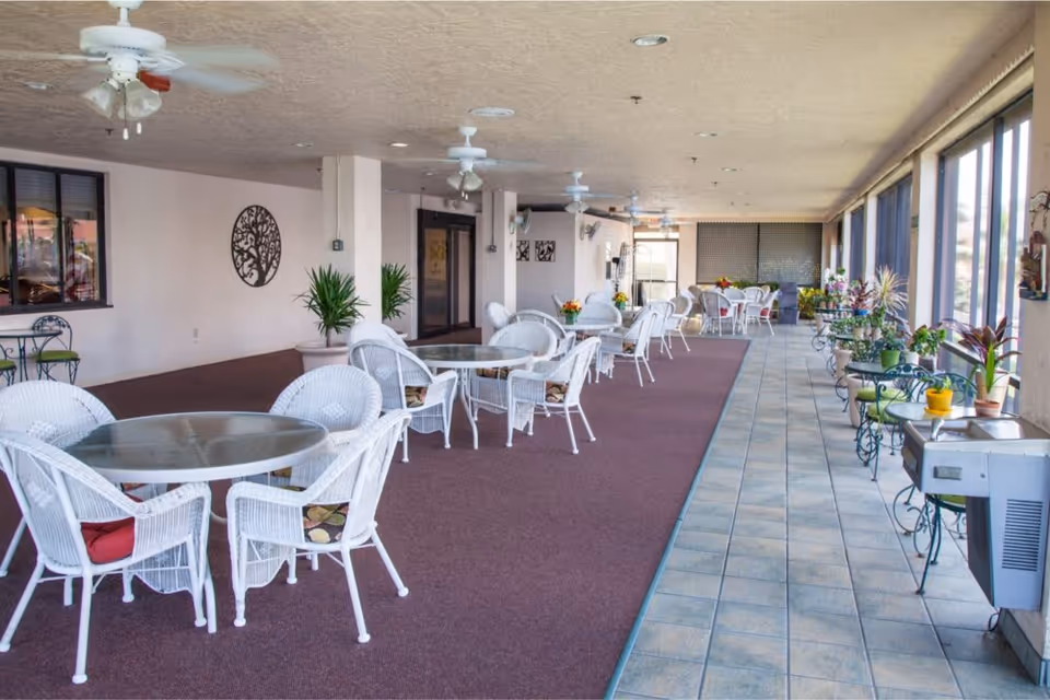 Indoor seating area with multiple round glass tables and white wicker chairs arranged along a carpeted floor. The space has ceiling fans, potted plants, and large windows on one side letting in natural light. There are additional plants on small tables along the tiled floor near the windows.
