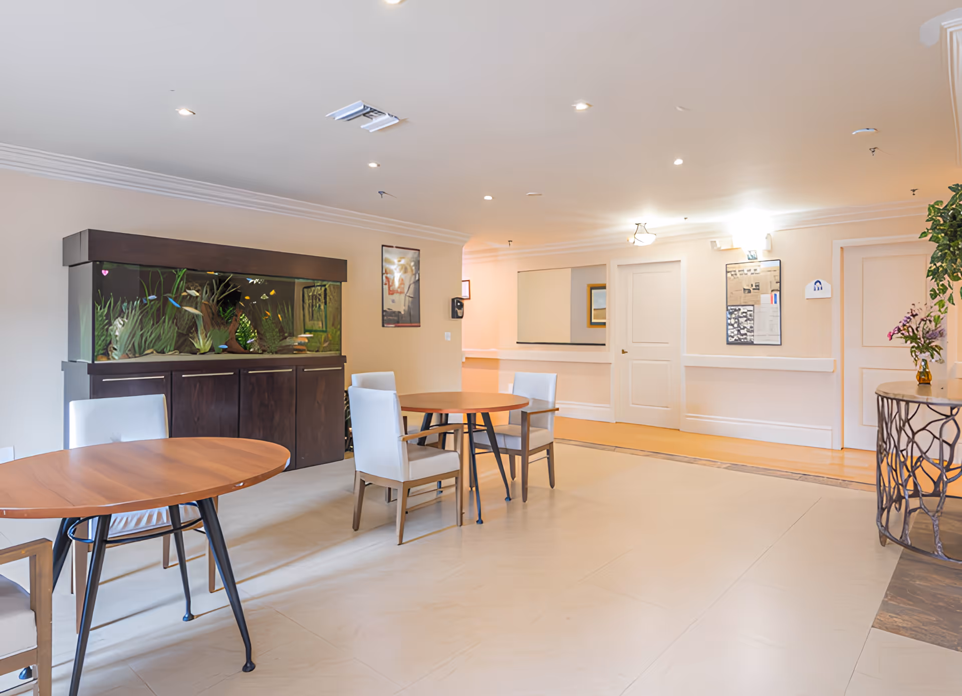 Bright communal dining area with round tables and chairs and a large aquarium against the wall.