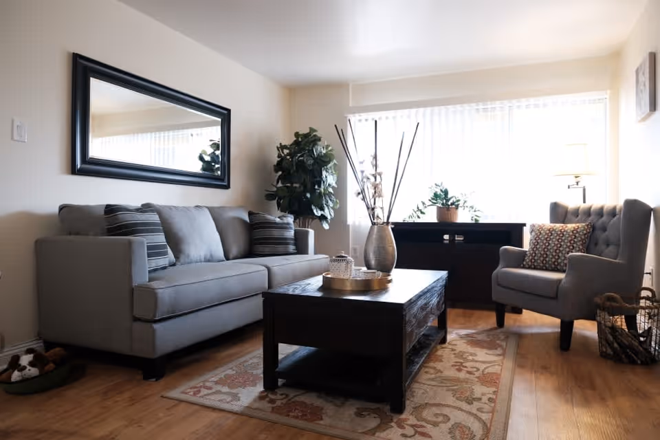 A cozy living room with a gray sofa adorned with striped pillows, a matching gray armchair with a patterned cushion, a dark wooden coffee table with decorative items, a large rectangular mirror on the wall, a potted plant in the corner, and a window with vertical blinds letting in natural light.