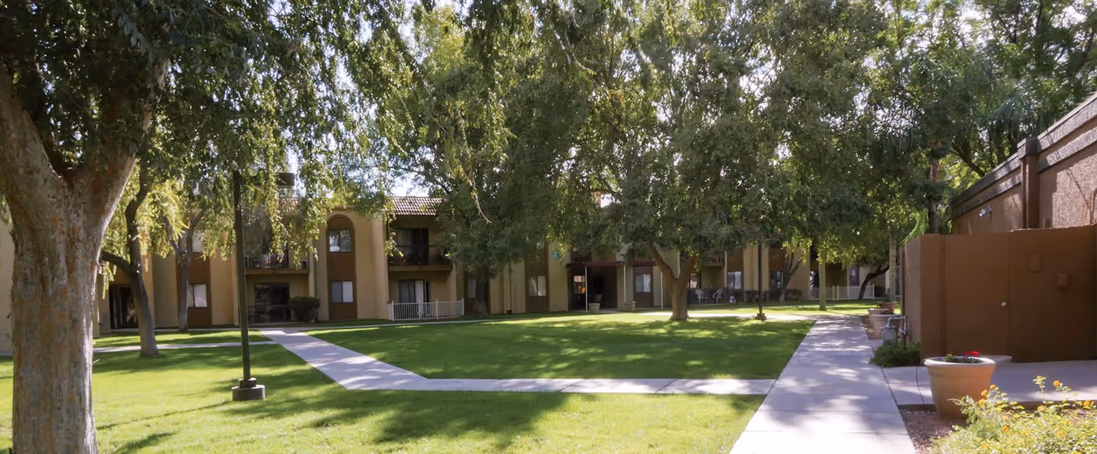 Outdoor courtyard area at North Chandler Place with green grass, large trees providing shade, paved walkways, and a two-story building with balconies and windows in the background.