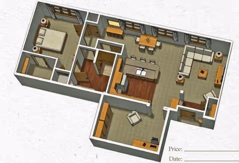 3D floor plan of an apartment featuring a bedroom with a bed and nightstands, a bathroom, a kitchen with an island and appliances, a dining area with a table and chairs, a living room with a sectional sofa and coffee table, and an additional room with a desk and chair.