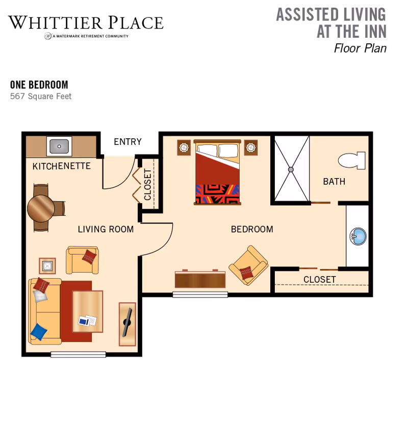 Floor plan of a 567 square feet assisted living unit at Whittier Place, showing a kitchenette with a sink and round table with chairs, a living room with sofa, armchair, coffee table, and TV, a bedroom with a bed, armchair, dresser, and closet, and a bathroom with a shower, toilet, and sink.