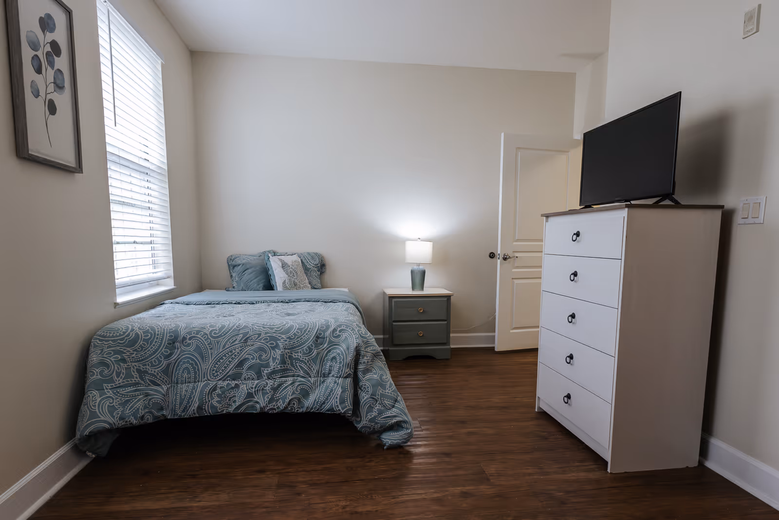 A small bedroom with a single bed covered in a blue patterned comforter and pillows. There is a window with blinds on the left wall, a framed botanical print above the bed, a nightstand with a lamp next to the bed, and a white dresser with a flat-screen TV on top on the right side. The room has wooden flooring and light-colored walls.
