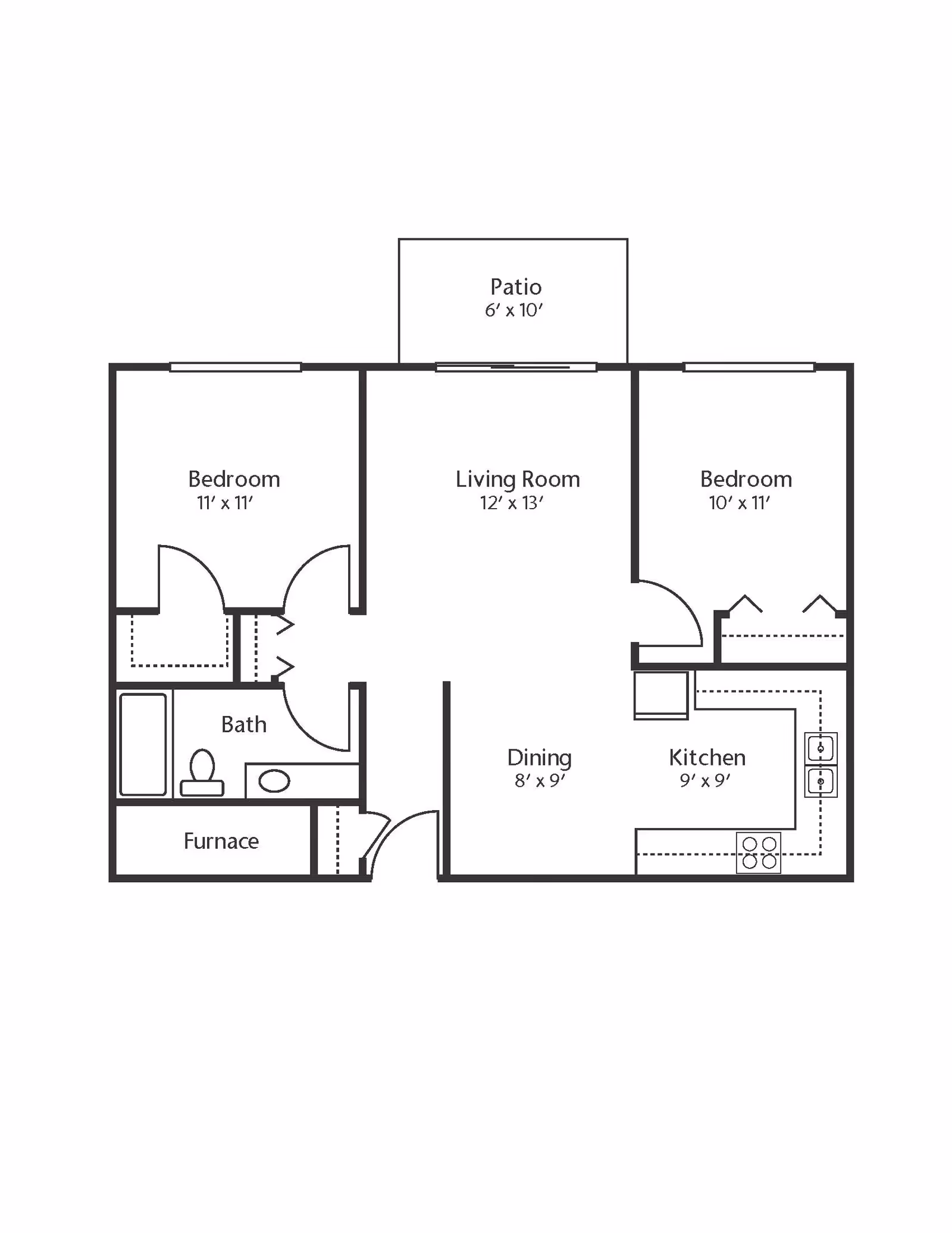 Architectural floor plan of an apartment with two bedrooms, one bathroom, a living room, dining area, kitchen, patio, and furnace room. Dimensions are provided for each room.