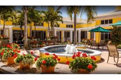 Sunny courtyard with a central fountain, potted red flowers, palm trees and patio tables with umbrellas in front of a building.