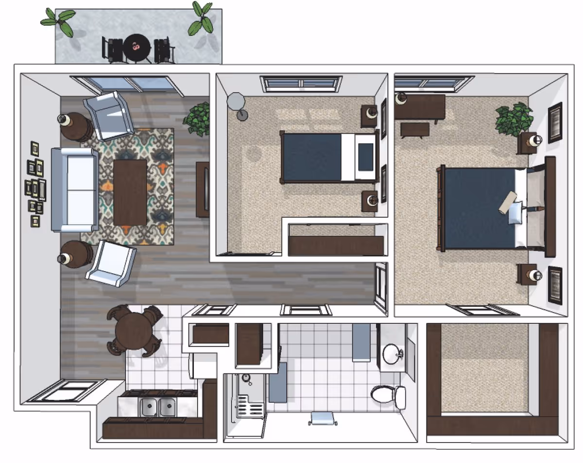 Top-down floor plan of a senior living apartment at Cedarhurst of Lebanon showing a living room with sofa, two chairs, coffee table, and rug; a dining area with round table and four chairs; a kitchen with double sink and appliances; a bathroom with sink, toilet, and shower; two bedrooms with beds, nightstands, and dressers; and an outdoor patio with a round table and four chairs surrounded by plants.