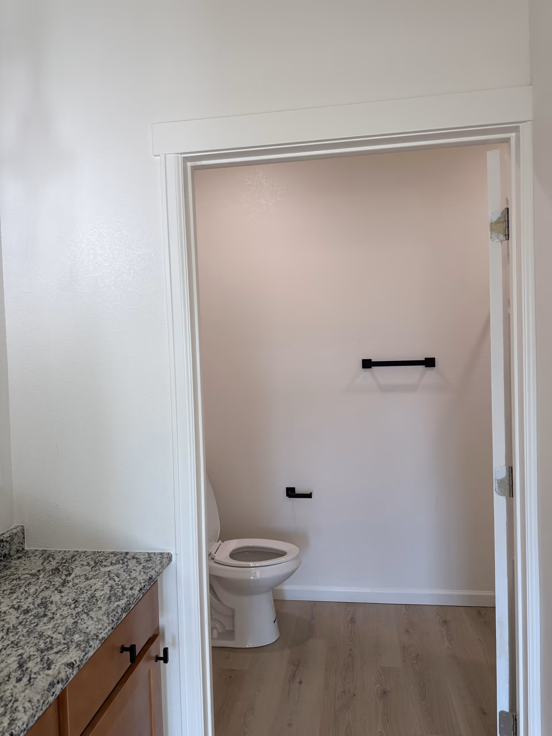 View into a bathroom with a white toilet and black toilet paper holder and towel bar mounted on a light-colored wall. The floor is wood-style laminate. To the left, there is a granite countertop with wooden cabinets below.