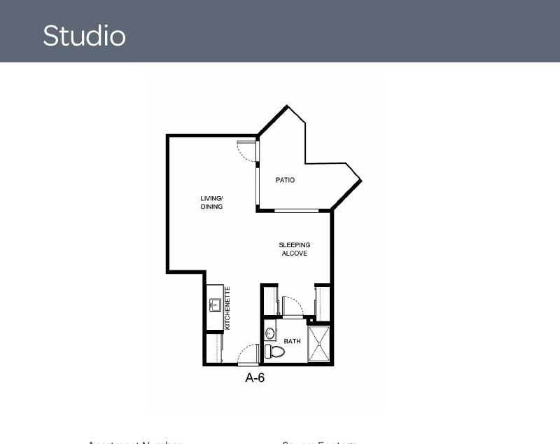 Black-and-white studio floor plan showing a living/dining area, sleeping alcove, kitchenette, bath, and a patio.