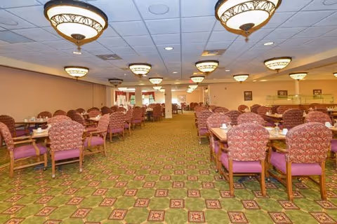 Large dining room with rows of patterned chairs and tables, ornate ceiling lights, and green patterned carpet.