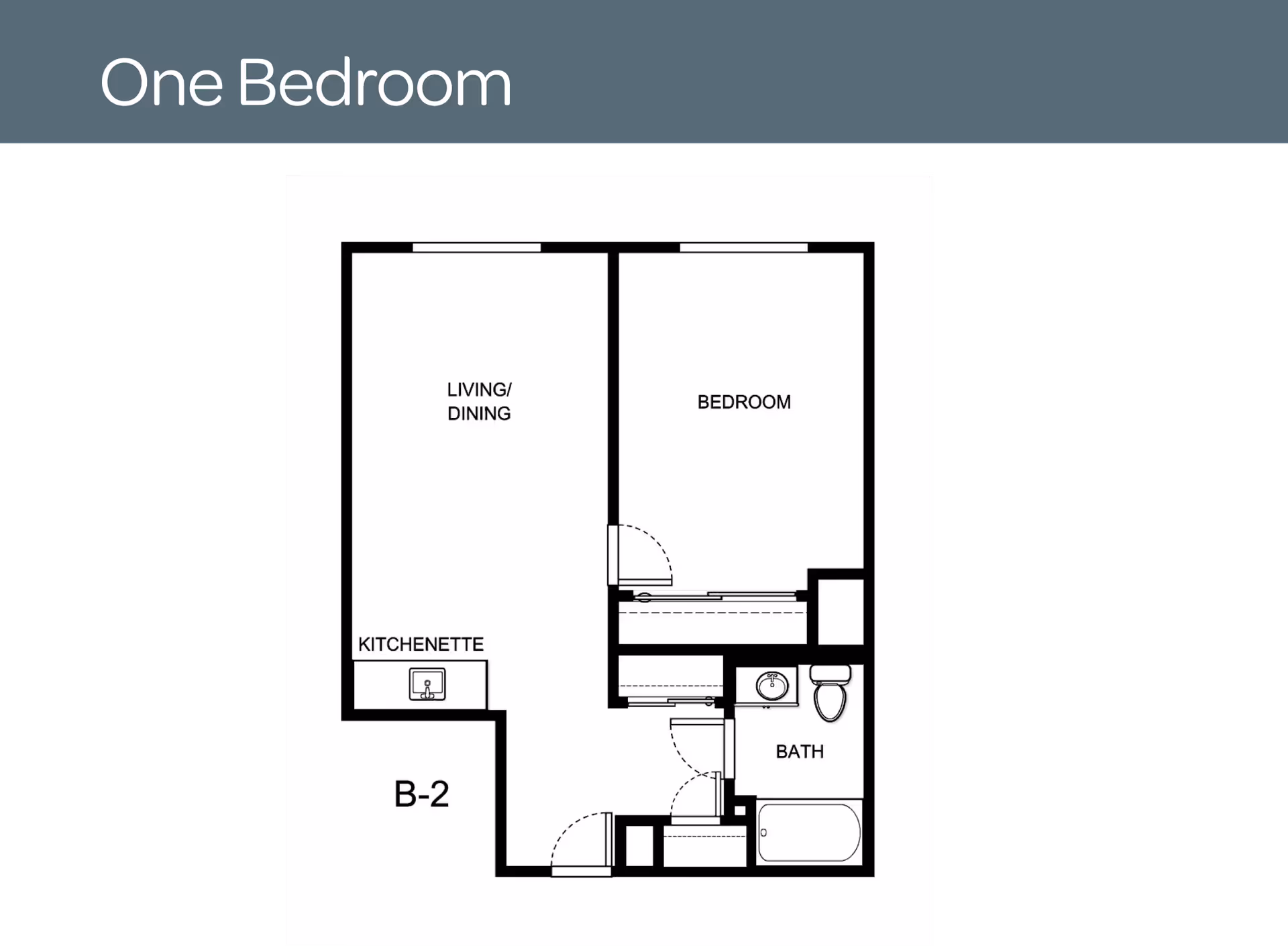Floor plan layout of a one-bedroom apartment labeled B-2, showing a living/dining area with a kitchenette, a separate bedroom, and a bathroom with a bathtub, toilet, and sink.