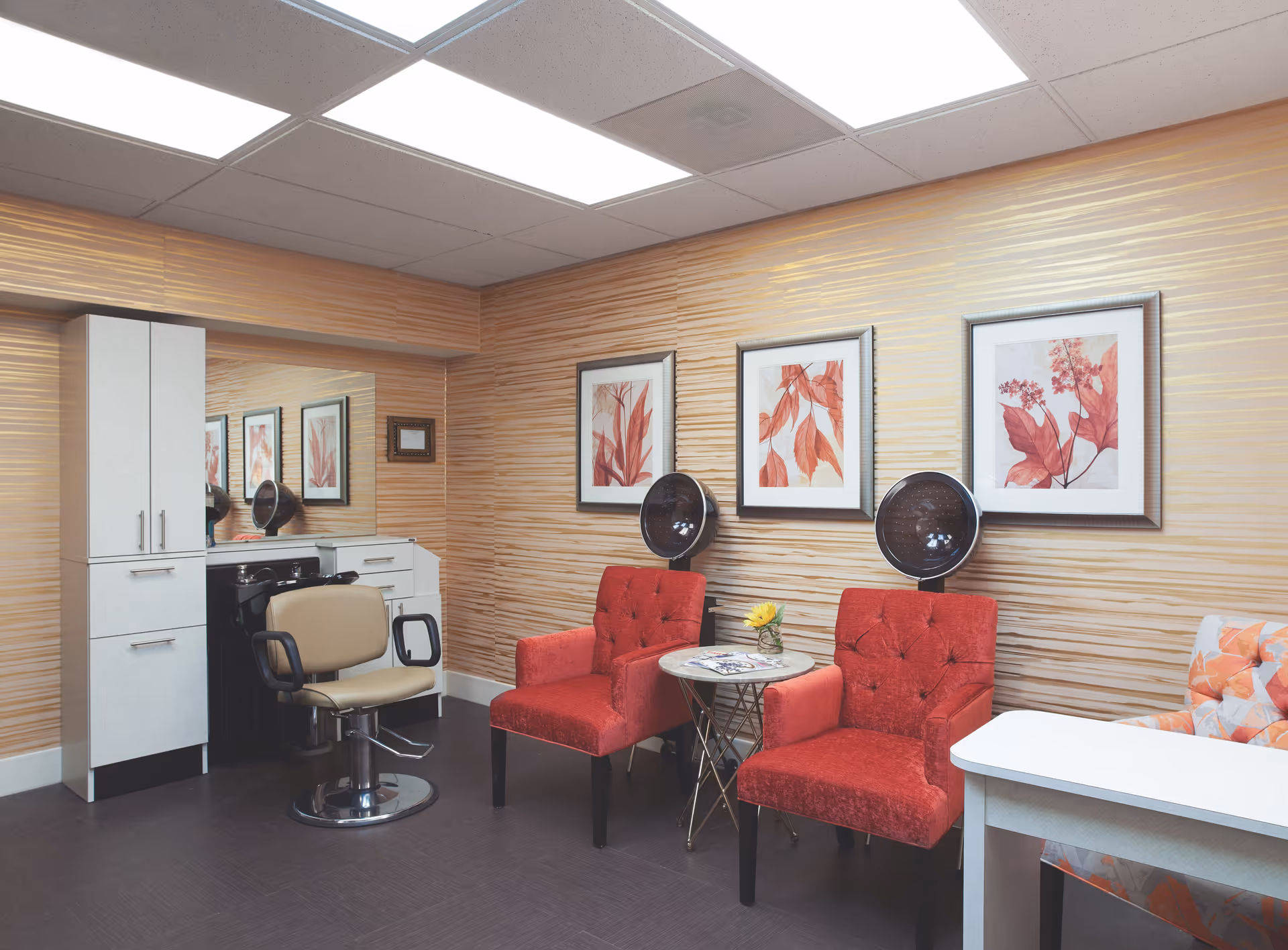 A salon-style interior with a styling chair and sink, two red armchairs under hooded hair dryers, framed botanical prints, and storage cabinets.