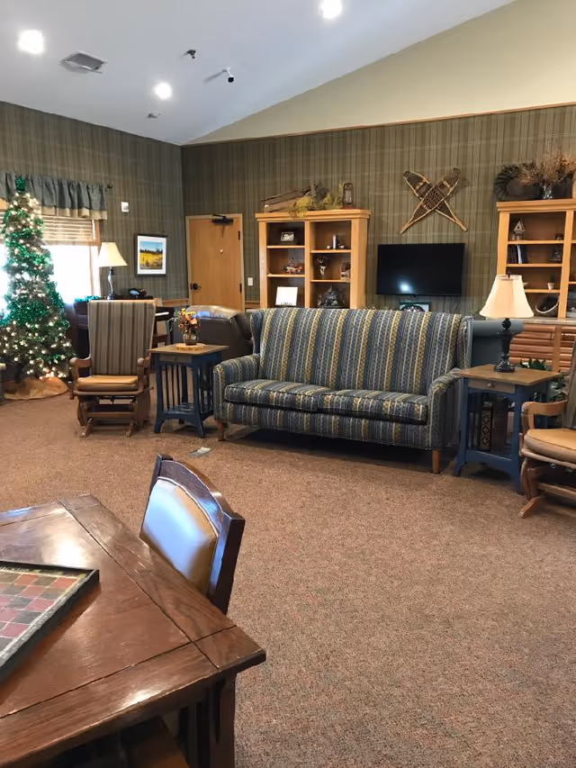 A cozy senior living common room with a striped sofa, armchairs, bookshelves, a wall-mounted TV, side tables, and a decorated Christmas tree.