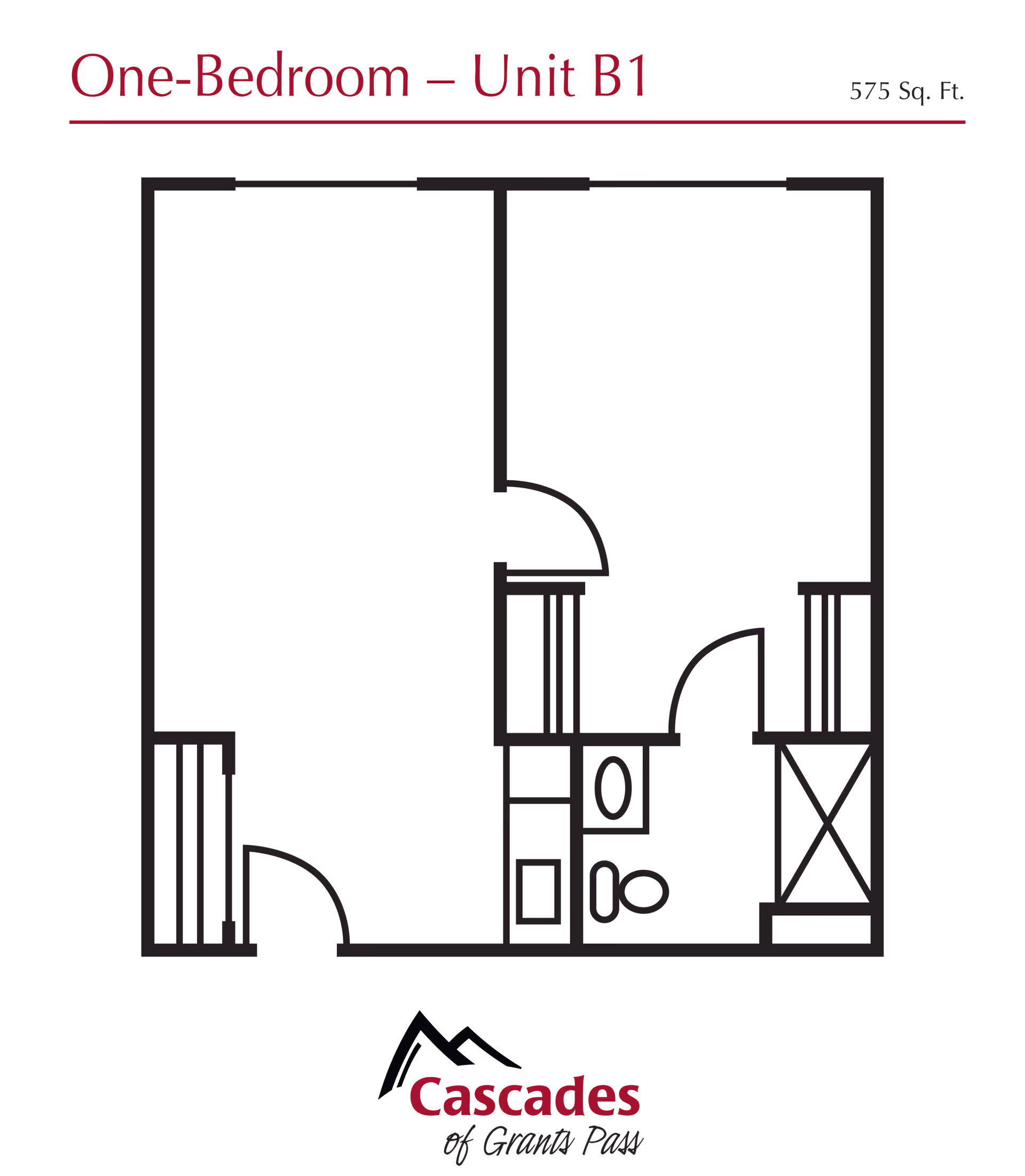 Floor plan layout of a one-bedroom unit labeled Unit B1 with a total area of 575 square feet, showing the arrangement of rooms including a bedroom, bathroom, and living area.