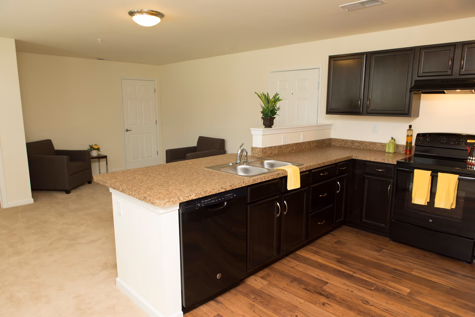 Interior view of a kitchen with dark wood cabinets, a black dishwasher, a black stove with two yellow towels hanging on the handle, and a granite countertop with a double sink and a yellow towel draped over the edge. In the background, there are two brown armchairs with a small table between them, a potted plant on the counter, and two white doors on beige walls.