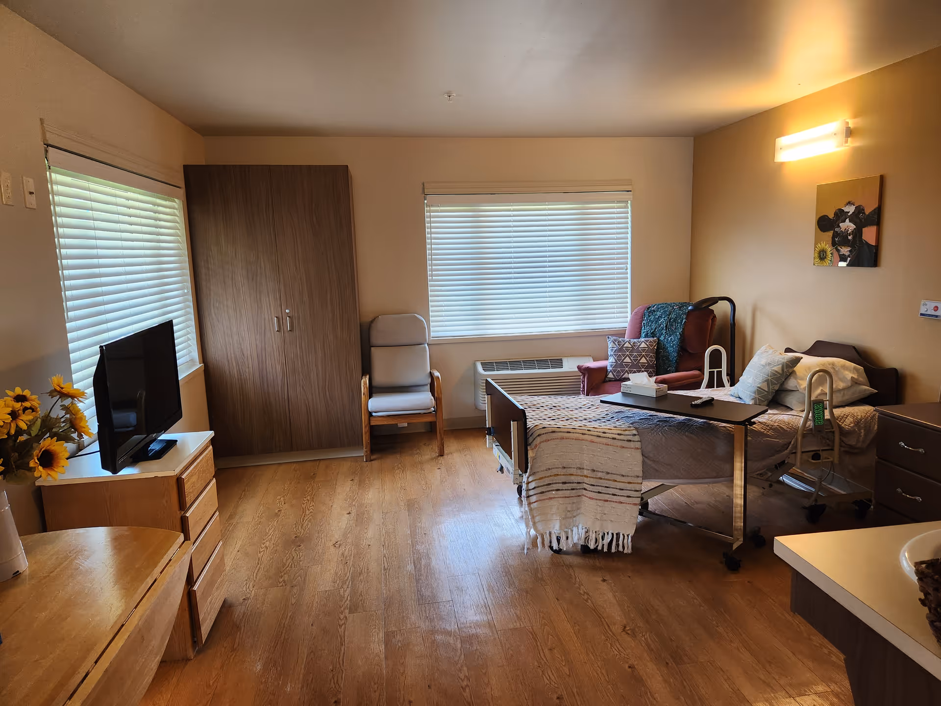 A tidy senior living bedroom with a hospital-style bed, overbed table, armchair, TV on a dresser, wardrobe and large windows.