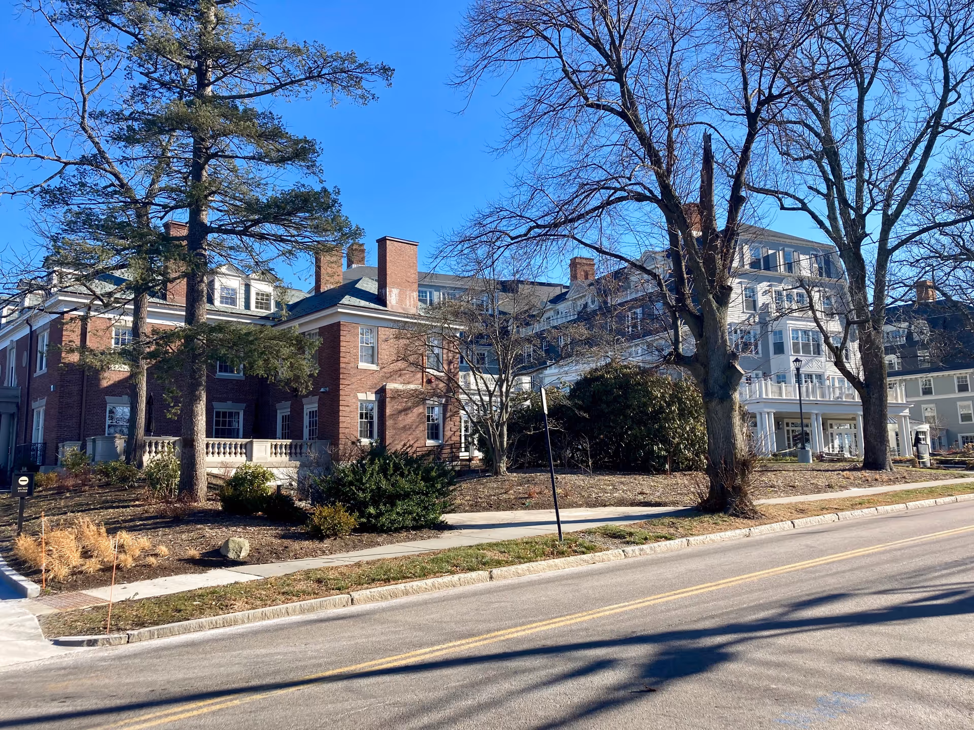 Front exterior of The Newbury of Brookline, a multi-story brick and white building with trees, landscaping and a sidewalk under a clear blue sky.