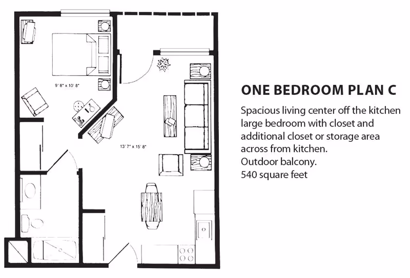 Floor plan labeled One Bedroom Plan C showing a layout with a bedroom, living room, kitchen, bathroom, closets, and an outdoor balcony. The bedroom measures 9'8" by 10'8" and the living room measures 13'7" by 15'8". The plan includes a sofa, chairs, dining table, kitchen appliances, and bathroom fixtures.