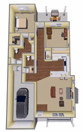 3D floor plan of a single-story home featuring a garage with a car, a bedroom with a bed and nightstands, two bathrooms, a kitchen with appliances and a breakfast bar, a living room with seating and a TV, a small dining area with a table and chairs, and a patio with outdoor furniture.