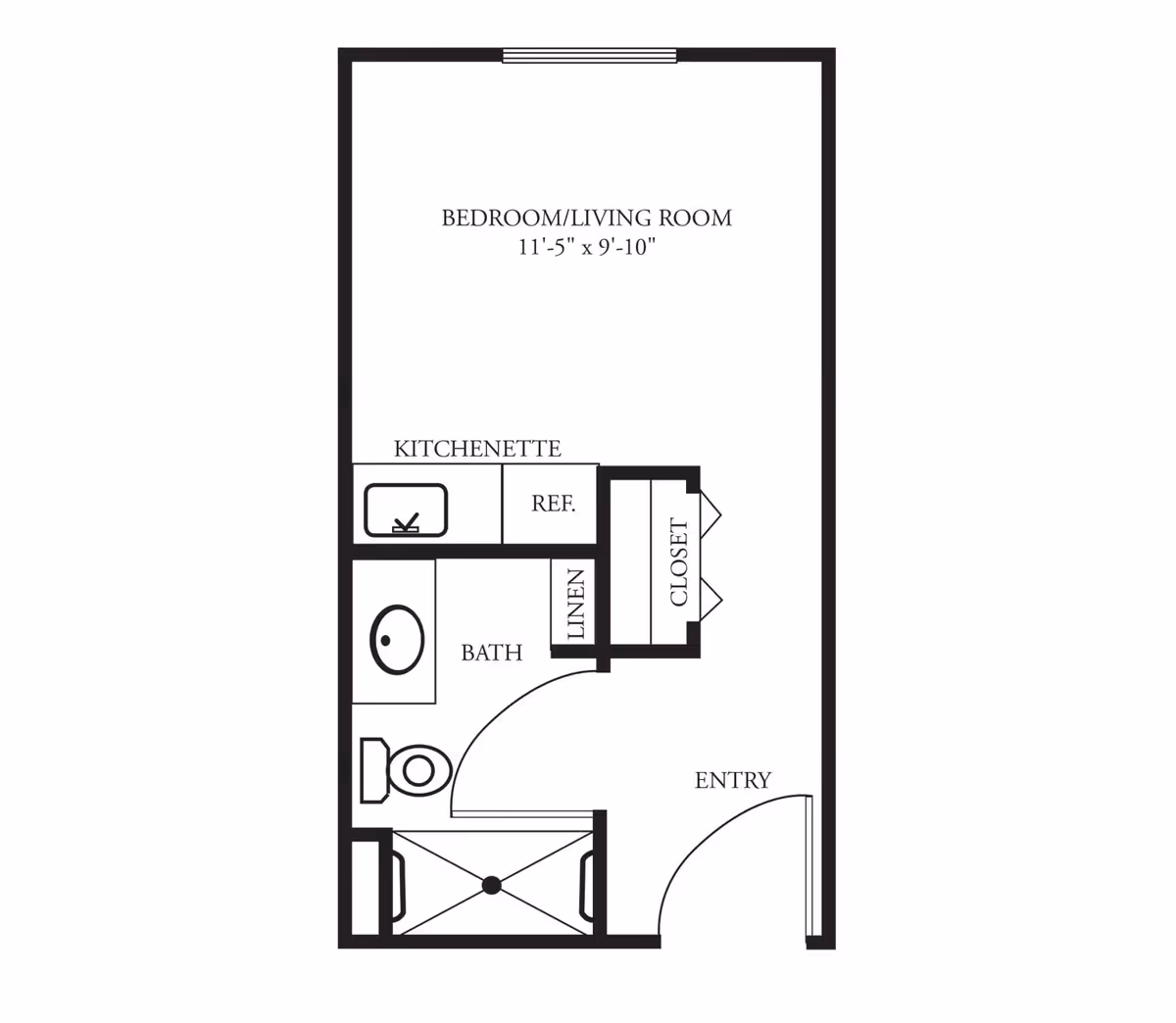 Floor plan of a studio apartment at Town Village showing a combined bedroom and living room area measuring 11 feet 5 inches by 9 feet 10 inches, a kitchenette with a sink and refrigerator, a bathroom with a toilet and sink, a linen closet, a separate closet, and an entry door.