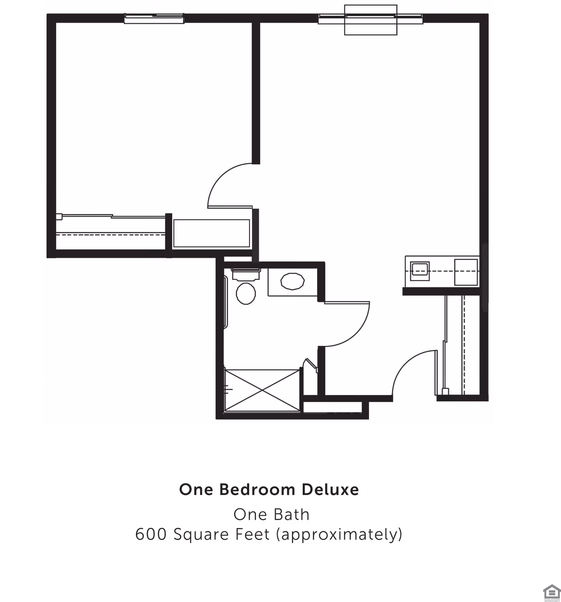 Floor plan of a one-bedroom deluxe apartment with one bathroom, approximately 600 square feet. The layout shows a bedroom, bathroom, kitchen area, and living space.