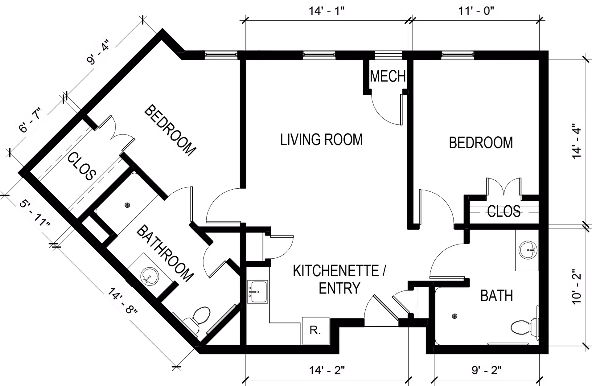 Architectural floor plan of a residential unit at The Phoenix at Union Hill, showing two bedrooms, two bathrooms, a living room, and a kitchenette/entry area with dimensions labeled.