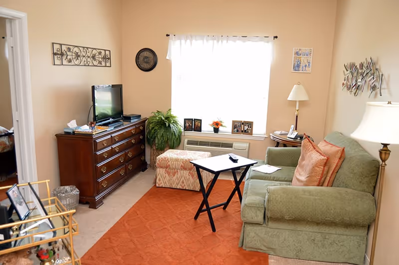 A cozy living room with a green upholstered sofa adorned with orange pillows, a small black folding table in front of it, and a patterned ottoman near a window with sheer white curtains. A wooden dresser with a flat-screen TV and decorative items is against one wall, with a plant beside it. The room has beige walls, a red-orange carpet, a floor lamp, and various wall decorations including a clock and framed pictures.